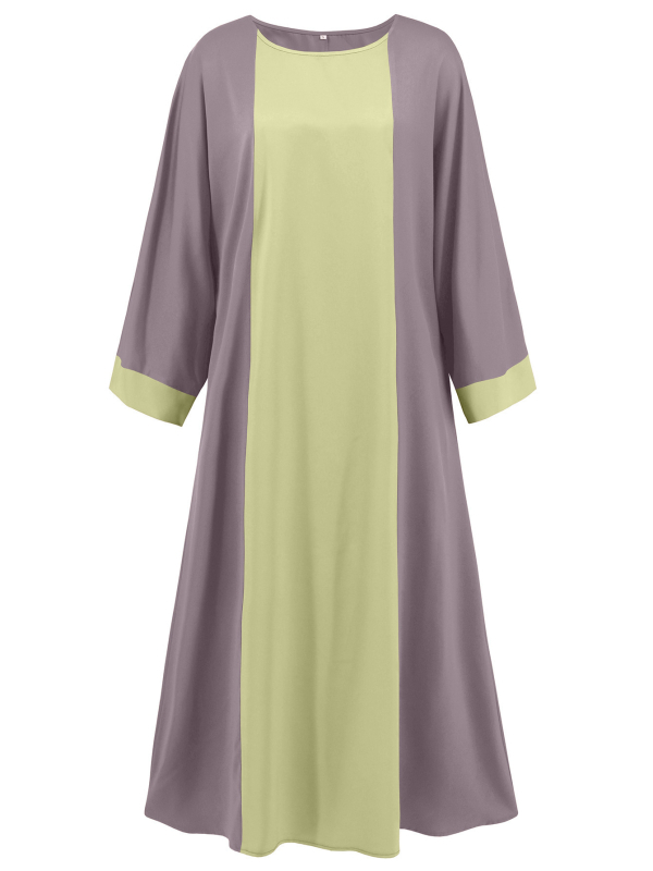 Rochie lungă cu mâneci lungi, guler rotund, croială lejeră, poliester, design patchwork