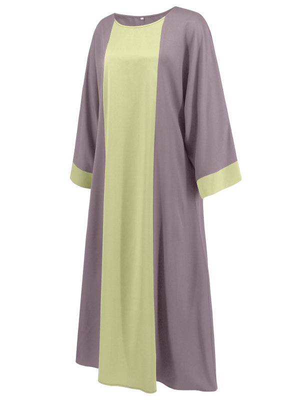 Rochie lungă cu mâneci lungi, guler rotund, croială lejeră, poliester, design patchwork