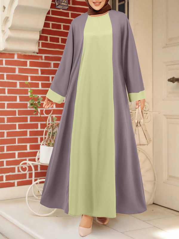 Rochie lungă cu mâneci lungi, guler rotund, croială lejeră, poliester, design patchwork