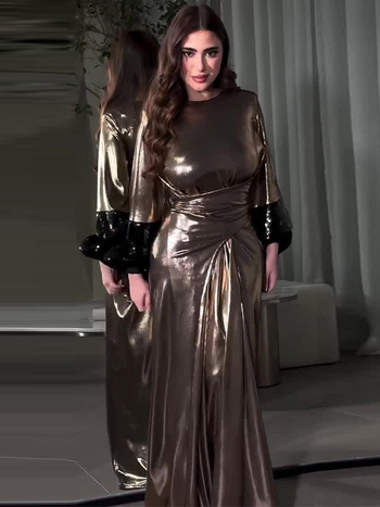 Φόρεμα από πολυεστέρα με μακριά μανίκια, Α-γραμμή, στρογγυλή λαιμόκοψη, χρωματικά συντονισμένο