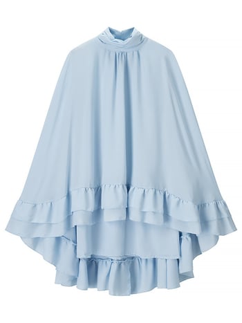 Rochie cu guler înalt, mâneci clopot și decor în straturi, model monocrom; material: bumbac-poliester; talie lejeră; fustă asimetrică