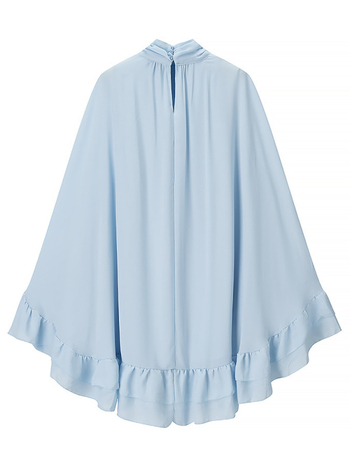 Φόρεμα με σταθερό γιακά, καμπαναρικά μανίκια και διαδοχικές στρώσεις διακόσμησης, μονόχρωμο σχέδιο; ύφασμα: βαμβάκι-πολυεστέρα; μέση: χαλαρή; φούστα: ασύμμετρη