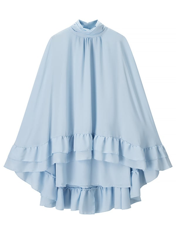 Rochie cu guler înalt, mâneci clopot și decor în straturi, model monocrom; material: bumbac-poliester; talie lejeră; fustă asimetrică