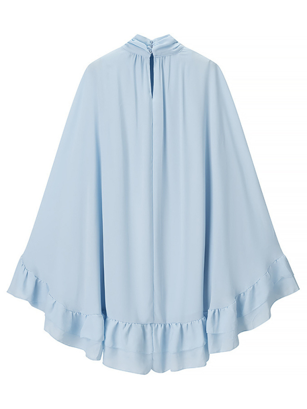 Rochie cu guler înalt, mâneci clopot și decor în straturi, model monocrom; material: bumbac-poliester; talie lejeră; fustă asimetrică