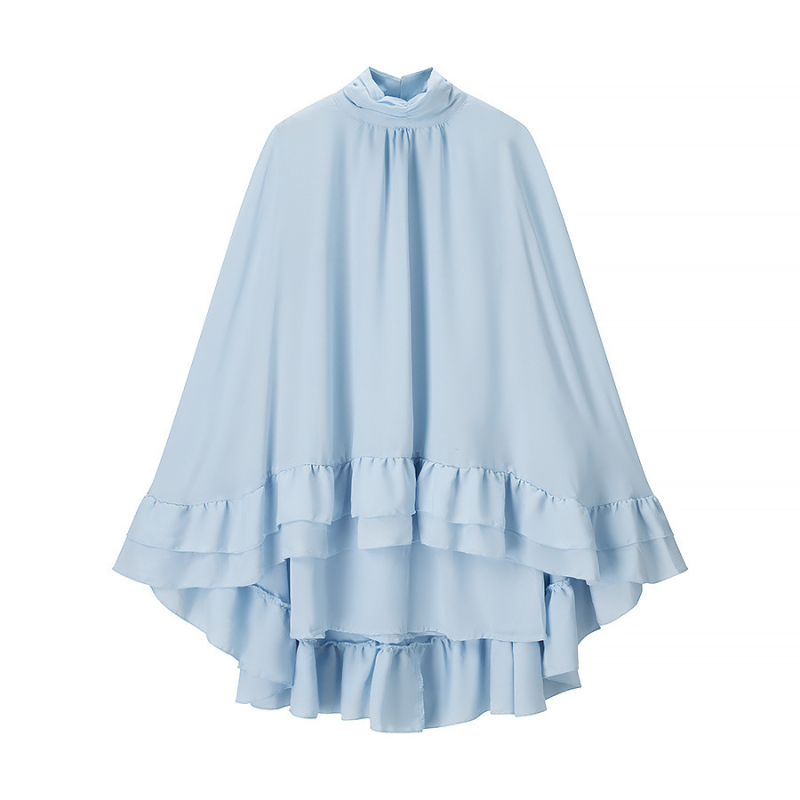 Rochie cu guler înalt, mâneci clopot și decor în straturi, model monocrom; material: bumbac-poliester; talie lejeră; fustă asimetrică