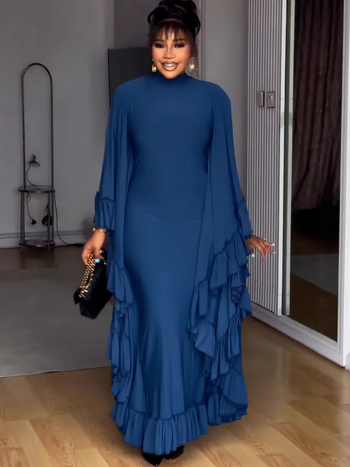 Rochie lungă în croială A-line din poliester, culoare uni, mâneci lungi
