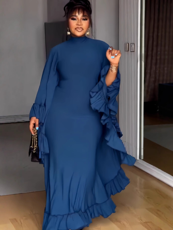 Rochie lungă în croială A-line din poliester, culoare uni, mâneci lungi