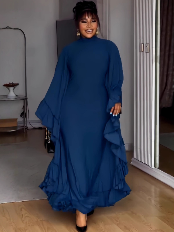 Rochie lungă în croială A-line din poliester, culoare uni, mâneci lungi