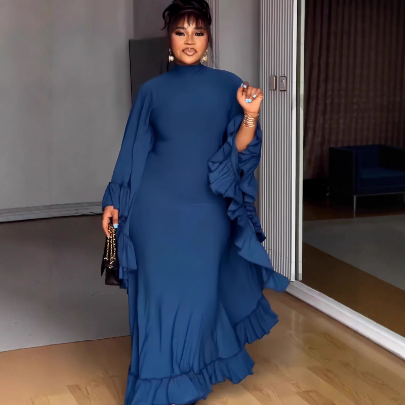 Rochie lungă în croială A-line din poliester, culoare uni, mâneci lungi