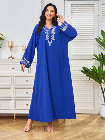 Γυναικεία ισλαμική μακριά ρόμπα φόρεμα με κέντημα, πολυεστέρας, μακριές μανίκες, μακριά φούστα, Καλοκαίρι 2024