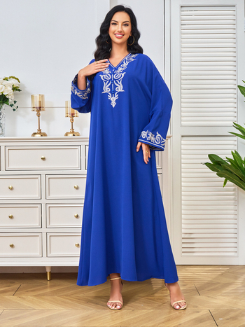 Γυναικεία ισλαμική μακριά ρόμπα φόρεμα με κέντημα, πολυεστέρας, μακριές μανίκες, μακριά φούστα, Καλοκαίρι 2024