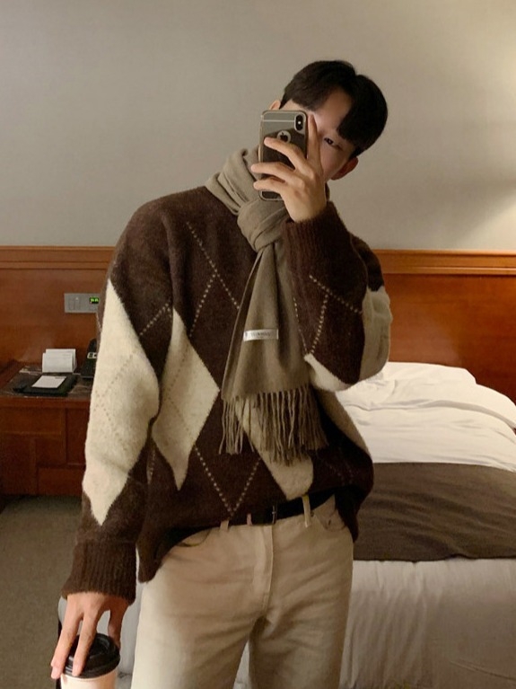 Pulover tricotat pentru bărbați, croială lejeră, guler rotund, mâneci lungi, model diamantat, țesătură poliester