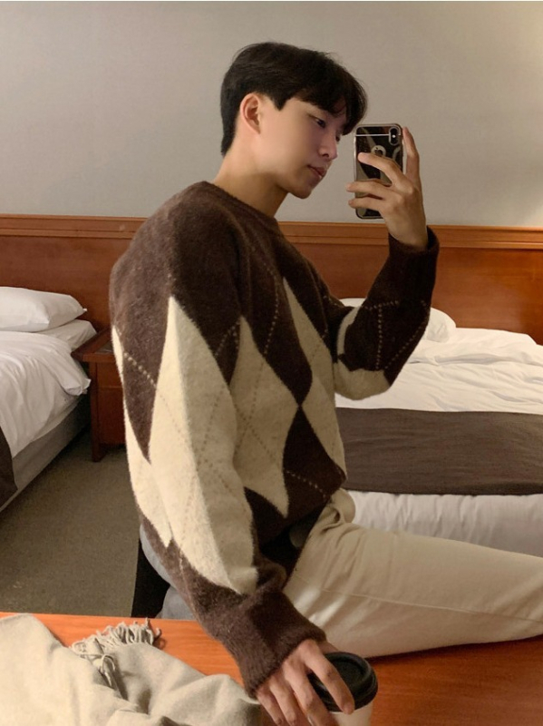 Pulover tricotat pentru bărbați, croială lejeră, guler rotund, mâneci lungi, model diamantat, țesătură poliester