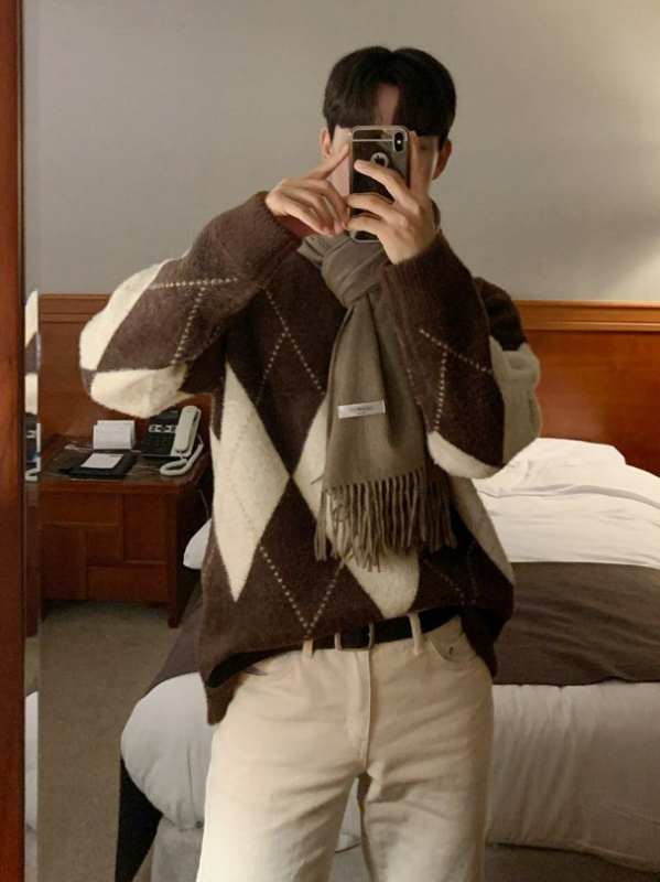 Pulover tricotat pentru bărbați, croială lejeră, guler rotund, mâneci lungi, model diamantat, țesătură poliester