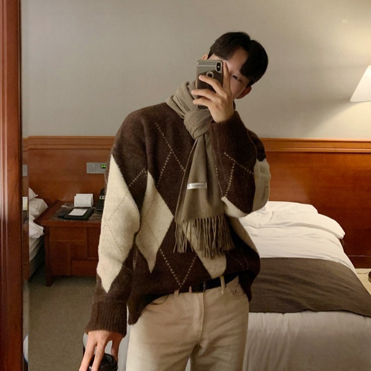 Pulover tricotat pentru bărbați, croială lejeră, guler rotund, mâneci lungi, model diamantat, țesătură poliester