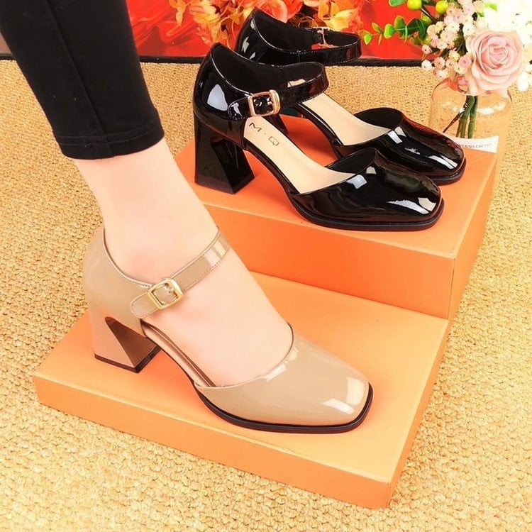 Pantofi Mary Jane cu cataramă – partea superioară PU, vârf rotund, slip-on, talpă din cauciuc, pentru femei