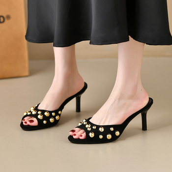 Γυναικείες σανδάλια με λεπτό τακούνι – κορεατικού στυλ, σχέδιο μονογράφματος, PU επάνω μέρος, στρογγυλή μύτη, καουτσούκ σόλα