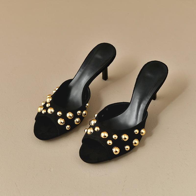 Γυναικείες σανδάλια με λεπτό τακούνι – κορεατικού στυλ, σχέδιο μονογράφματος, PU επάνω μέρος, στρογγυλή μύτη, καουτσούκ σόλα