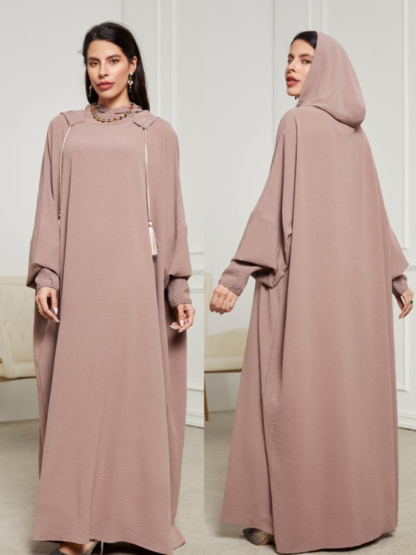 Muslimanska duga haljina-robe s kapuljom, rukav tipa bat, dugi rukavi, poliester 80–90%, nabor