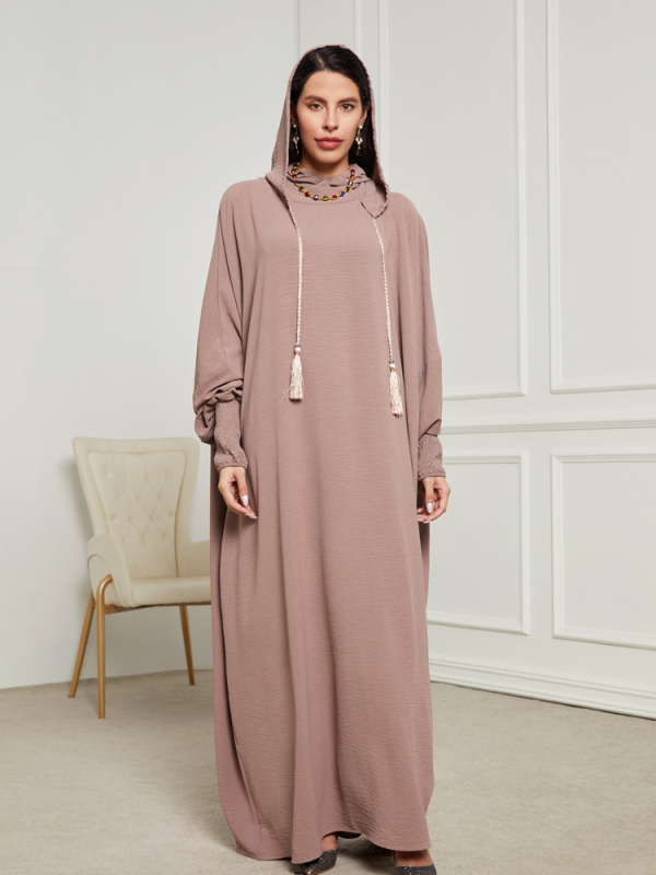 Muslimanska duga haljina-robe s kapuljom, rukav tipa bat, dugi rukavi, poliester 80–90%, nabor