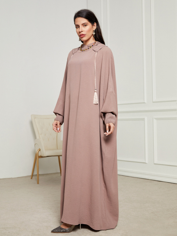 Muslimanska duga haljina-robe s kapuljom, rukav tipa bat, dugi rukavi, poliester 80–90%, nabor