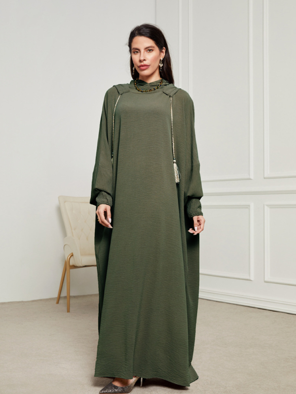Muslimanska duga haljina-robe s kapuljom, rukav tipa bat, dugi rukavi, poliester 80–90%, nabor