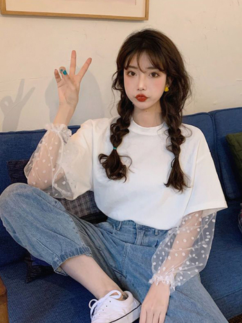 Γυναικείο βαμβακερό κοντομάνικο T‑shirt, ελεύθερη εφαρμογή, στρογγυλός λαιμός, ιαπωνικά εμπνευσμένο casual στυλ