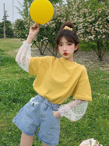 Γυναικείο βαμβακερό κοντομάνικο T‑shirt, ελεύθερη εφαρμογή, στρογγυλός λαιμός, ιαπωνικά εμπνευσμένο casual στυλ