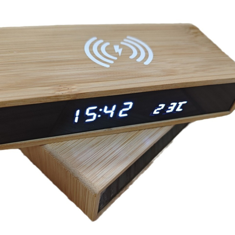 Belaidžio įkrovimo laikrodis su LED skaitmeniniu ekranu ir veidrodžiu, bambukinis medis NST 7008