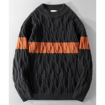 Мъжки плетен пуловер с кабелен узор и контрастен дизайн, свободна кройка, кръгло деколте, полиестрова смес