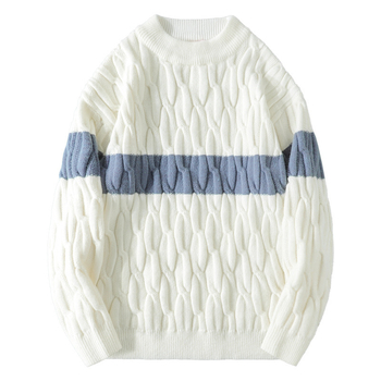 Мъжки плетен пуловер с кабелен узор и контрастен дизайн, свободна кройка, кръгло деколте, полиестрова смес