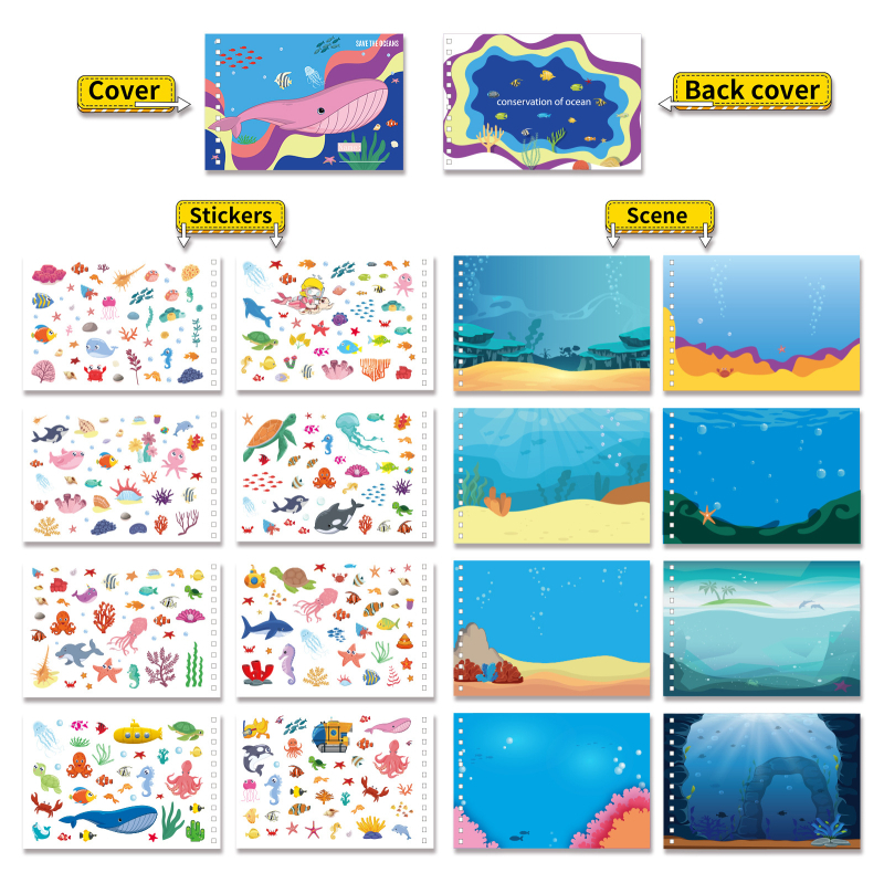 Ocean Series Βιβλίο αυτοκόλλητων – Καρτούν γλυκές σκηνές, προσαρμογή, αυτοκόλλητα με χαλκού επίστρωση, offset εκτύπωση, Λογότυπο τυπωμένο