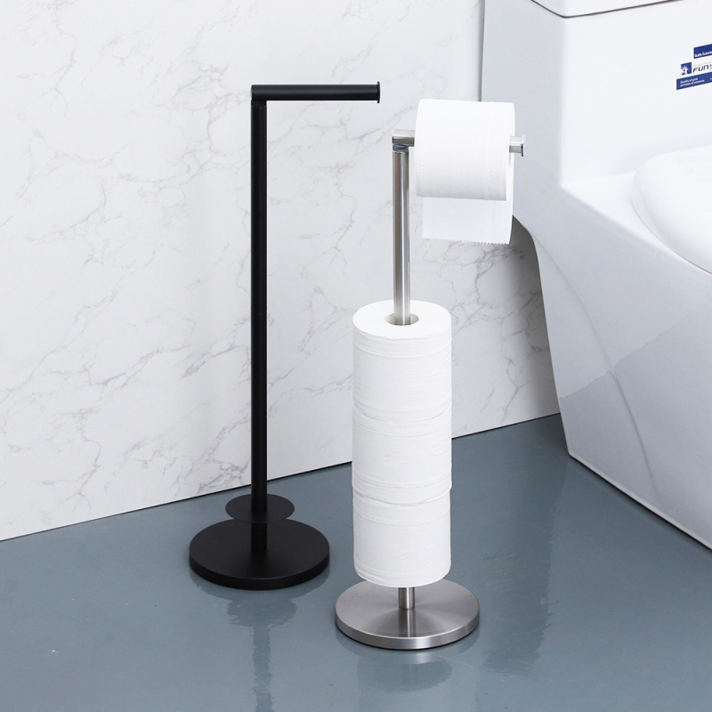 Nerūdijančio plieno laikiklis tualetiniam popieriui, pastatomas ant grindų, apvalus formos, šiuolaikiško minimalistinio stiliaus, paviršiaus šlifavimo ir miltelinis dengimas