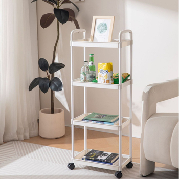 4-επίπεδη φορητή τροχήλατη μονάδα αποθήκευσης με βάση δαπέδου, περιστρεφόμενη και κινητή, PP υλικό, μινιμαλιστικός σχεδιασμός