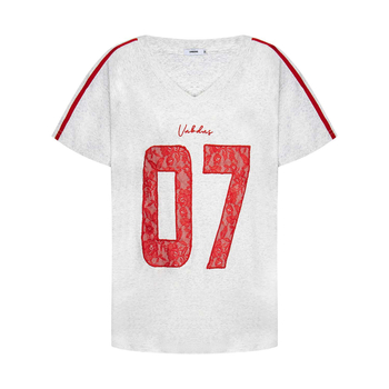 Μπλούζα T με λεοπάρ σχέδιο και κέντημα γραμμάτων, βαμβακερό ύφασμα, V-λαιμό, κοντά μανίκια, χαλαρή γραμμή