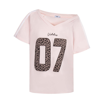 Μπλούζα T με λεοπάρ σχέδιο και κέντημα γραμμάτων, βαμβακερό ύφασμα, V-λαιμό, κοντά μανίκια, χαλαρή γραμμή