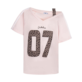 Μπλούζα T με λεοπάρ σχέδιο και κέντημα γραμμάτων, βαμβακερό ύφασμα, V-λαιμό, κοντά μανίκια, χαλαρή γραμμή