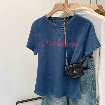 Γυναικεία T‑shirt με εκτύπωση γραμμάτων, στρογγυλός λαιμός, κοντό μανίκι, φαρδιά γραμμή