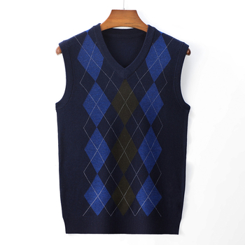 Мъжка вълнена жилетка без ръкави с V-образно деколте, джакард плетиво, машинно пране