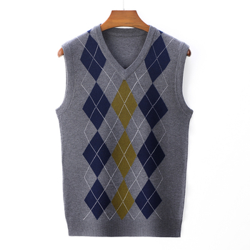Мъжка вълнена жилетка без ръкави с V-образно деколте, джакард плетиво, машинно пране