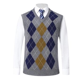 Мъжка вълнена жилетка без ръкави с V-образно деколте, джакард плетиво, машинно пране