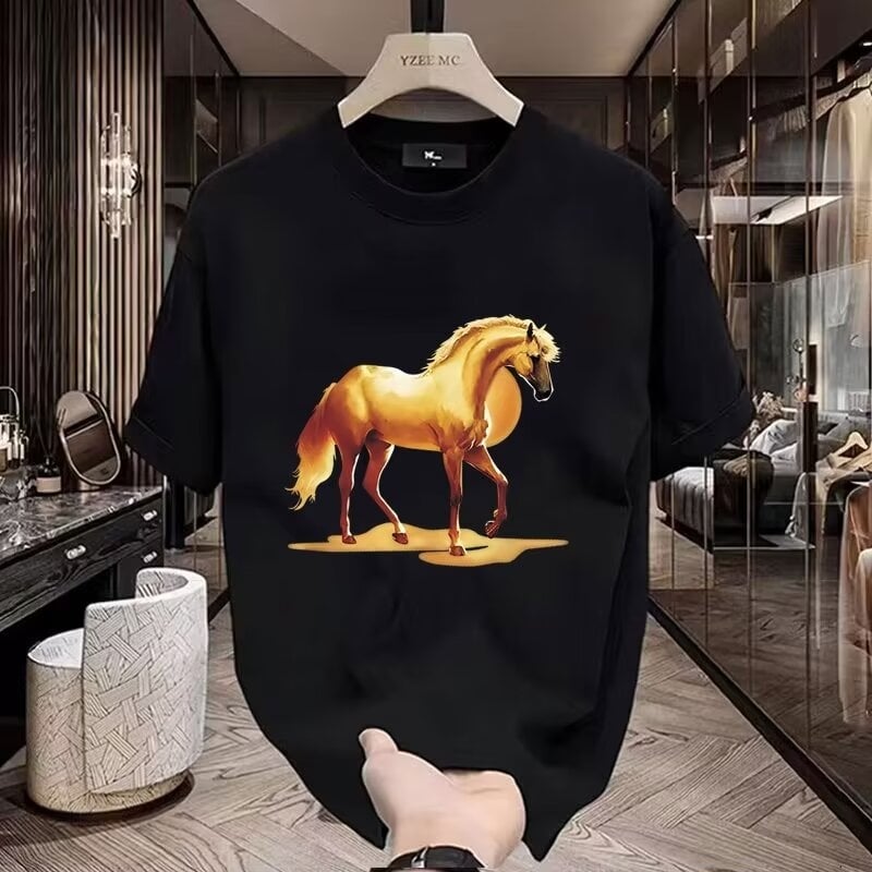 Tricou cu imprimeu animal, guler rotund, mâneci scurte, croială lejeră, fibre proteice din lapte