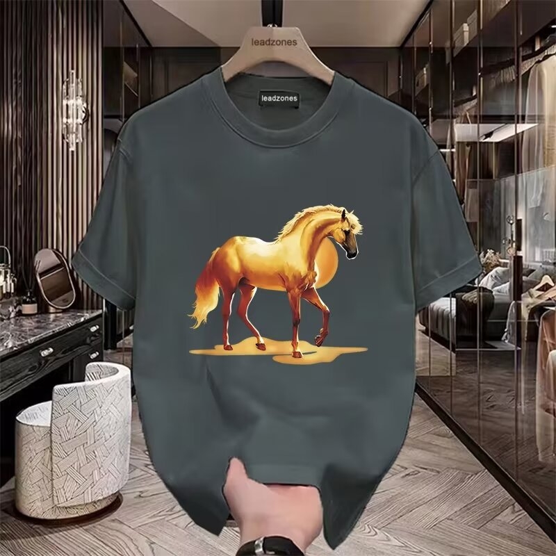 Tricou cu imprimeu animal, guler rotund, mâneci scurte, croială lejeră, fibre proteice din lapte