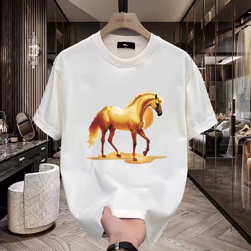 Tricou cu imprimeu animal, guler rotund, mâneci scurte, croială lejeră, fibre proteice din lapte