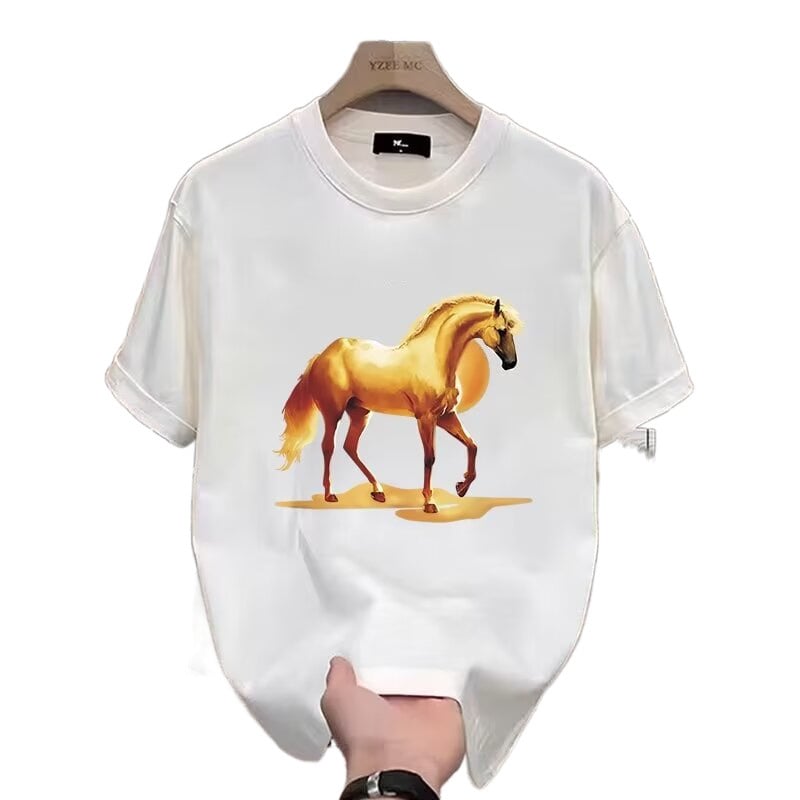 Tricou cu imprimeu animal, guler rotund, mâneci scurte, croială lejeră, fibre proteice din lapte