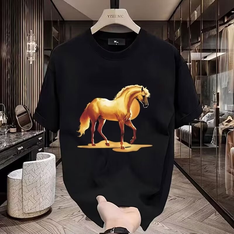 Tricou cu imprimeu animal, guler rotund, mâneci scurte, croială lejeră, fibre proteice din lapte