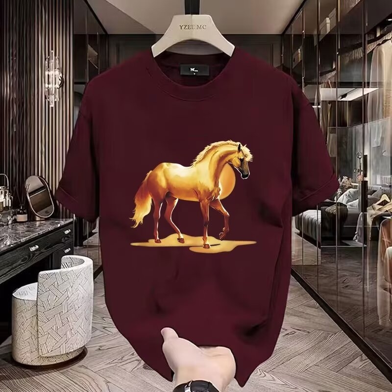 Tricou cu imprimeu animal, guler rotund, mâneci scurte, croială lejeră, fibre proteice din lapte