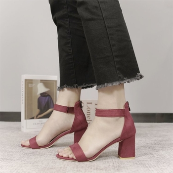 Moteriški diržiniai sandalai su storiu kulnu, apvalus pirštas, viršus iš audinio, PU įdaila, guma padas