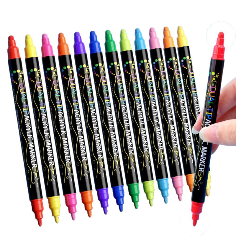 Akriliniai markeriai su dviem galiukais: tvirta viršūnė ir taškinė viršūnė, vandens pagrindas, neprasiskverbia per popierių, DIY