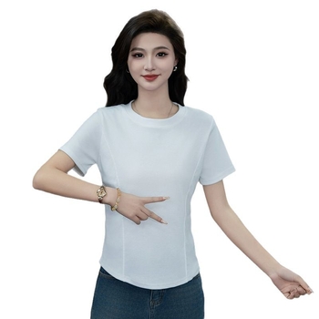 Γυναικείο T-shirt από βαμβάκι με ελαστάνη, μονόχρωμο, στρογγυλός λαιμός, κοντά μανίκια, γραμμή εφαρμοστή, Άνοιξη 2025